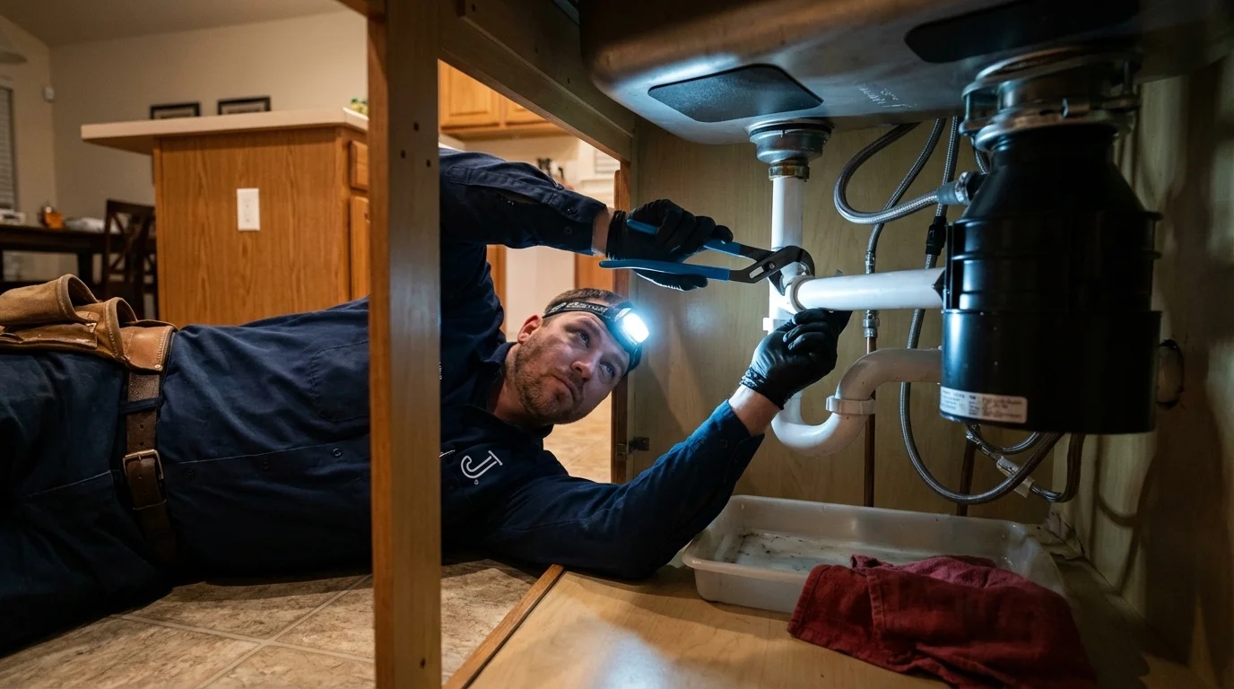 P-trap and supply line connections under a kitchen sink showing a common leak point in Greensburg, KY